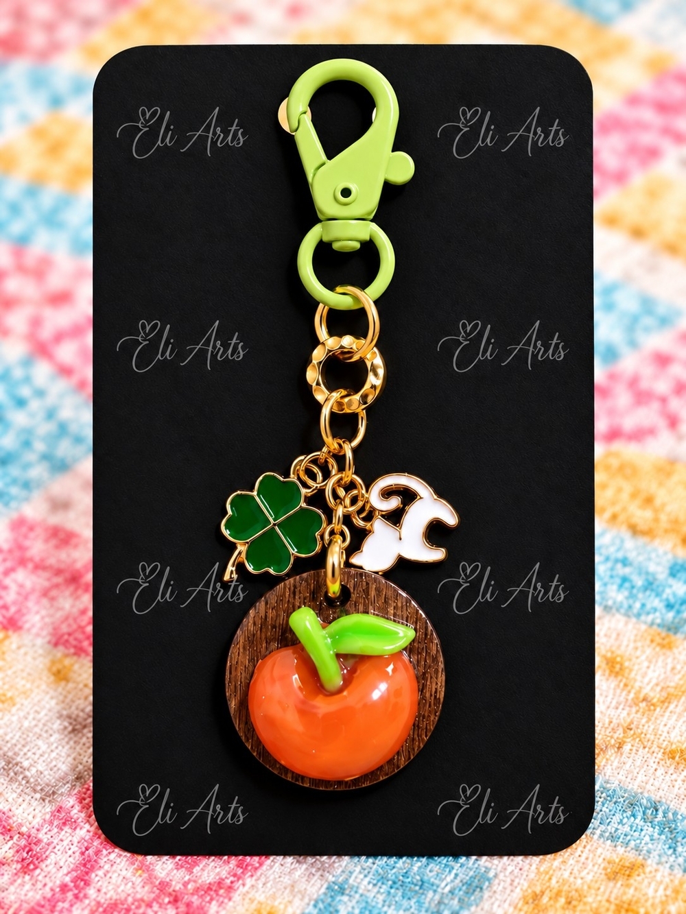 Apple Wooden Keychain with Green Clover Charms Teacher Gift Eli Arts